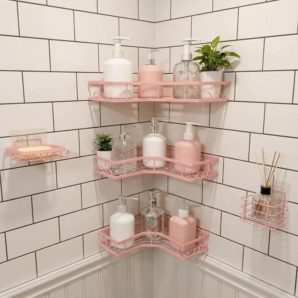 Home Essentials Bathroom Storage - مجموعة منظم دش وردي بتصميم بسيط
